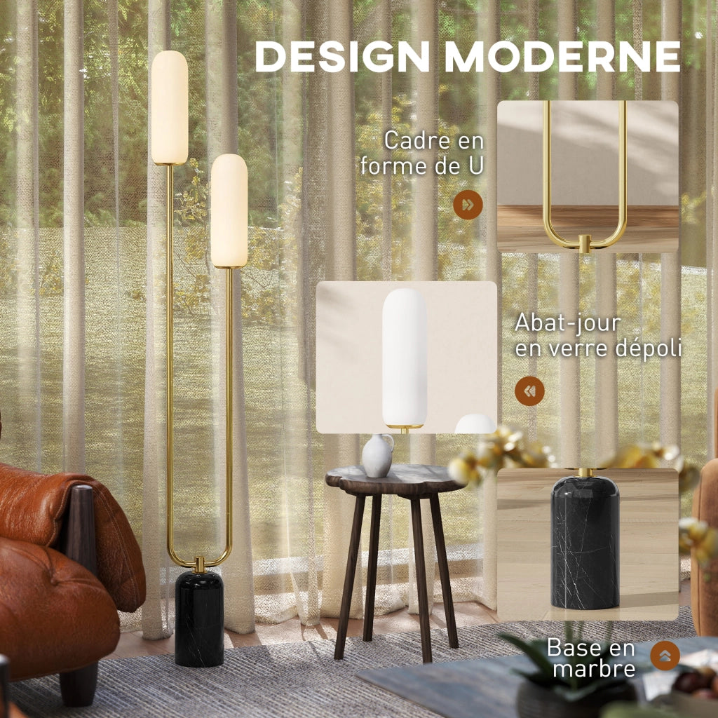 Lampada da Terra Soggiorno ¨C Xylo ¨C Base Marmo 2 Paralumi Vetro Bianco