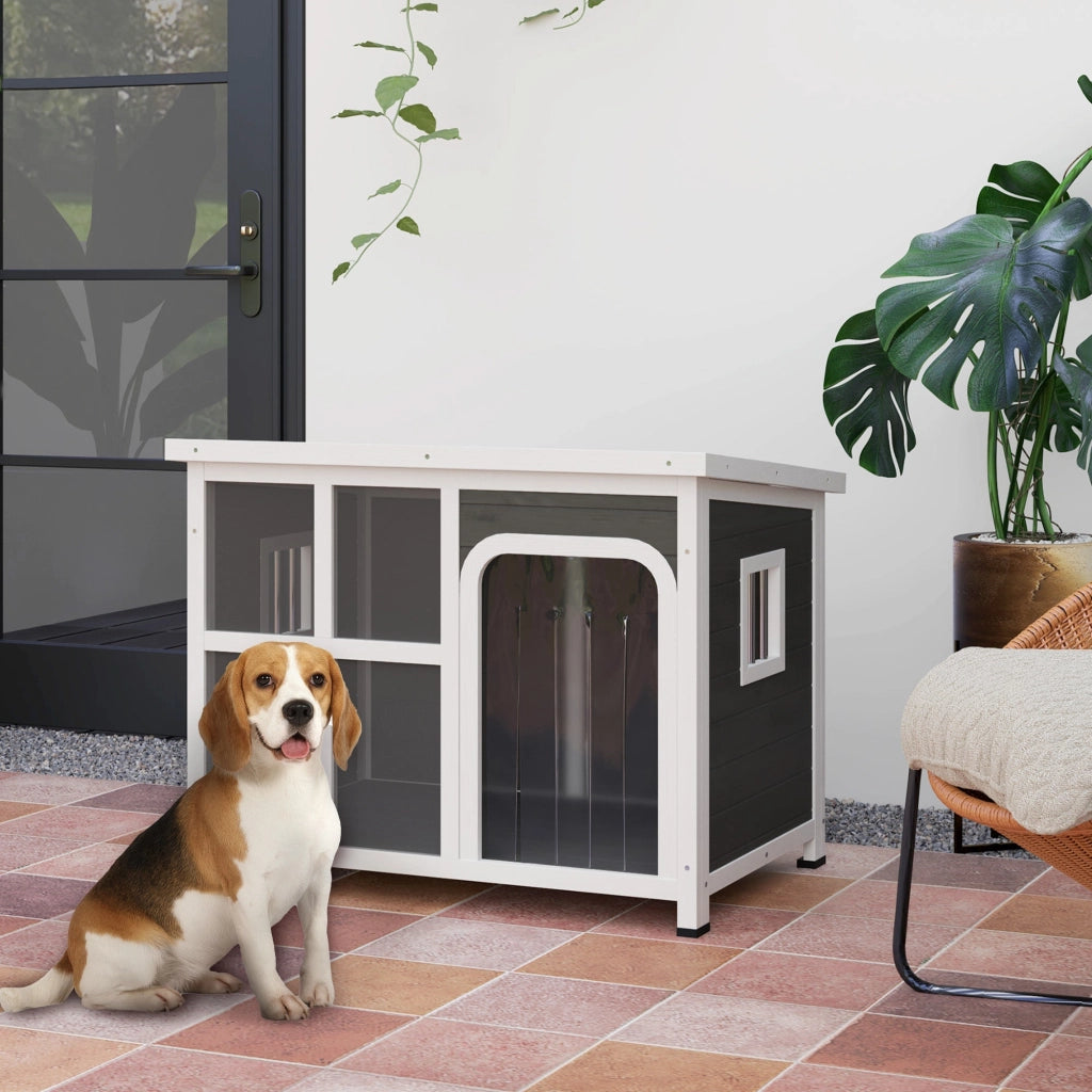 Cuccia per Cani di Taglia Piccola e Media 90x62x71 cm con Finestrelle e Ingresso a Tenda in Legno di Abete Grigio Chiaro