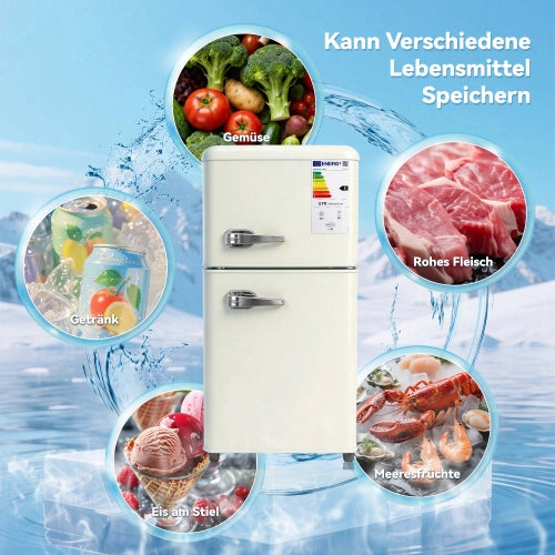 Frigorifero a doppia porta (86L) – controllo della temperatura a 7 livelli; classe di efficienza energetica E; luce a LED; ripiani regolabili e portauova – crema