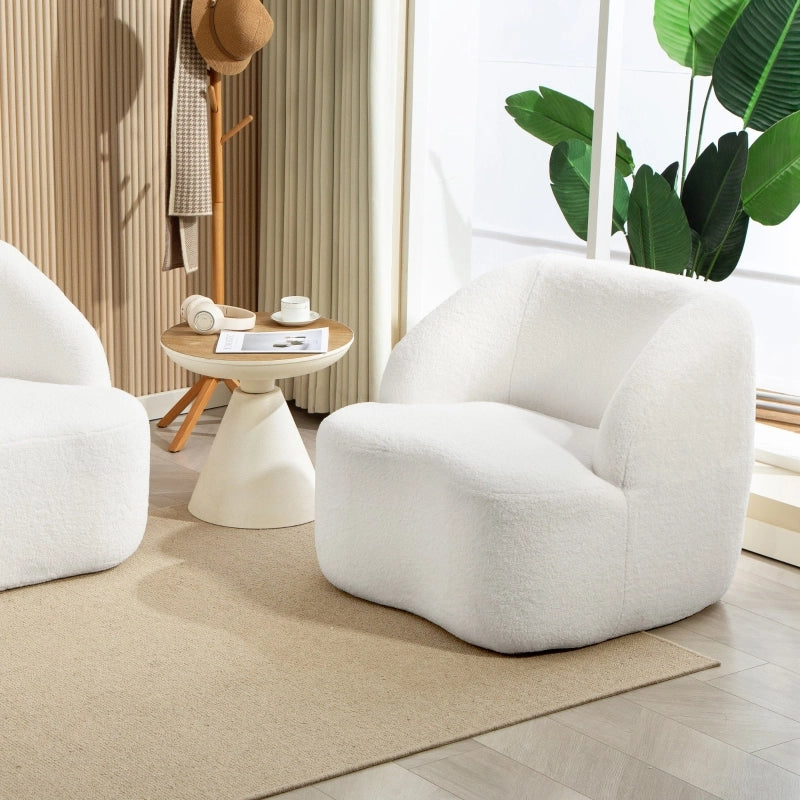 Poltrona imbottita moderna in poliestere color crema, seduta compatta con schienale alto e base antiscivolo
