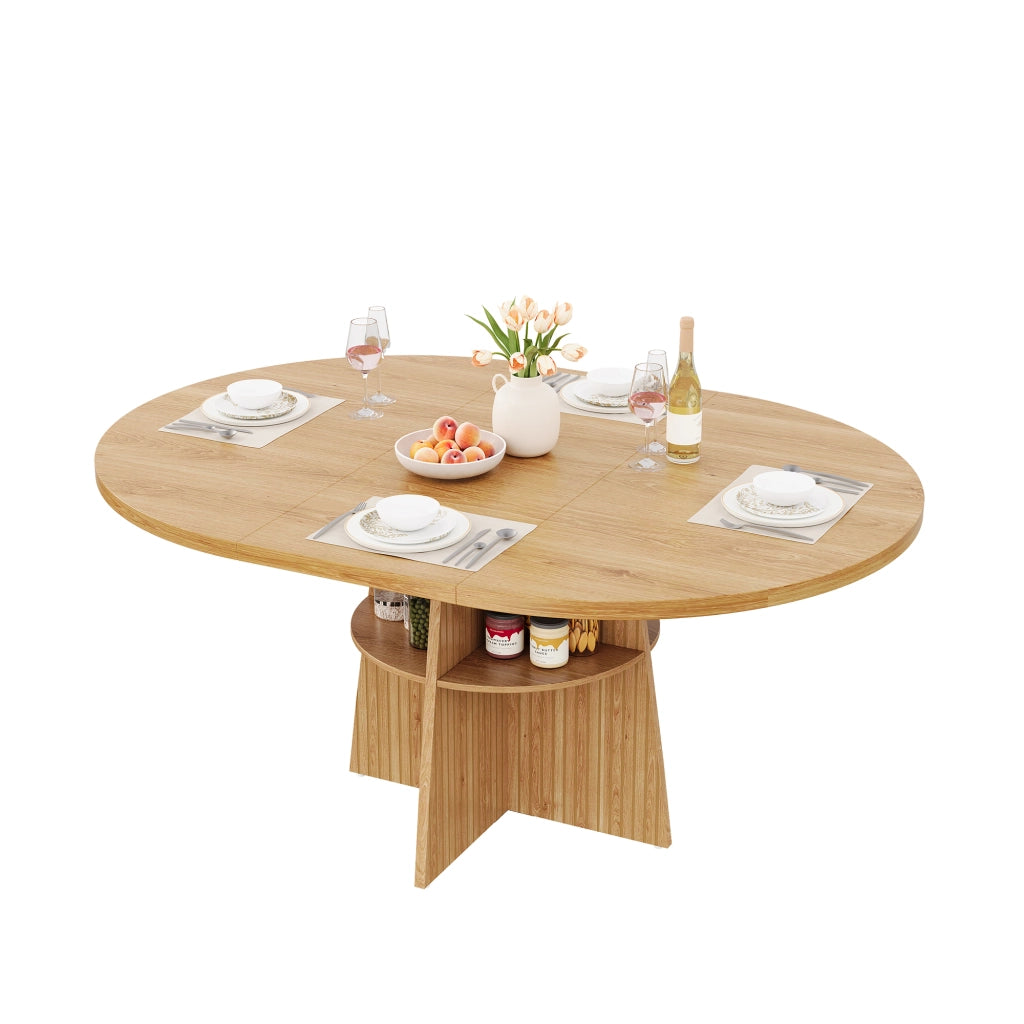 Tavolo da pranzo rotondo allungabile 110-150x110x77,5 cm, design moderno effetto legno naturale