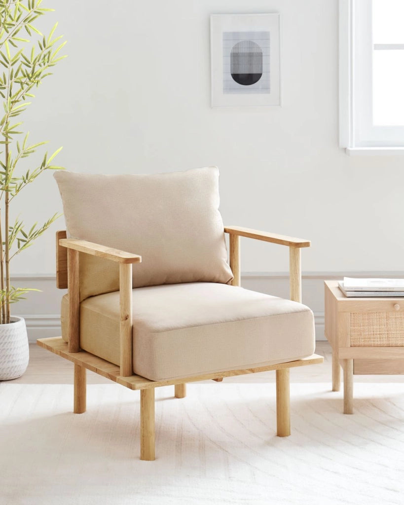 Poltroncina Beige Rivestimento In Tessuto Poliestere Japandi Stile Minimalista
