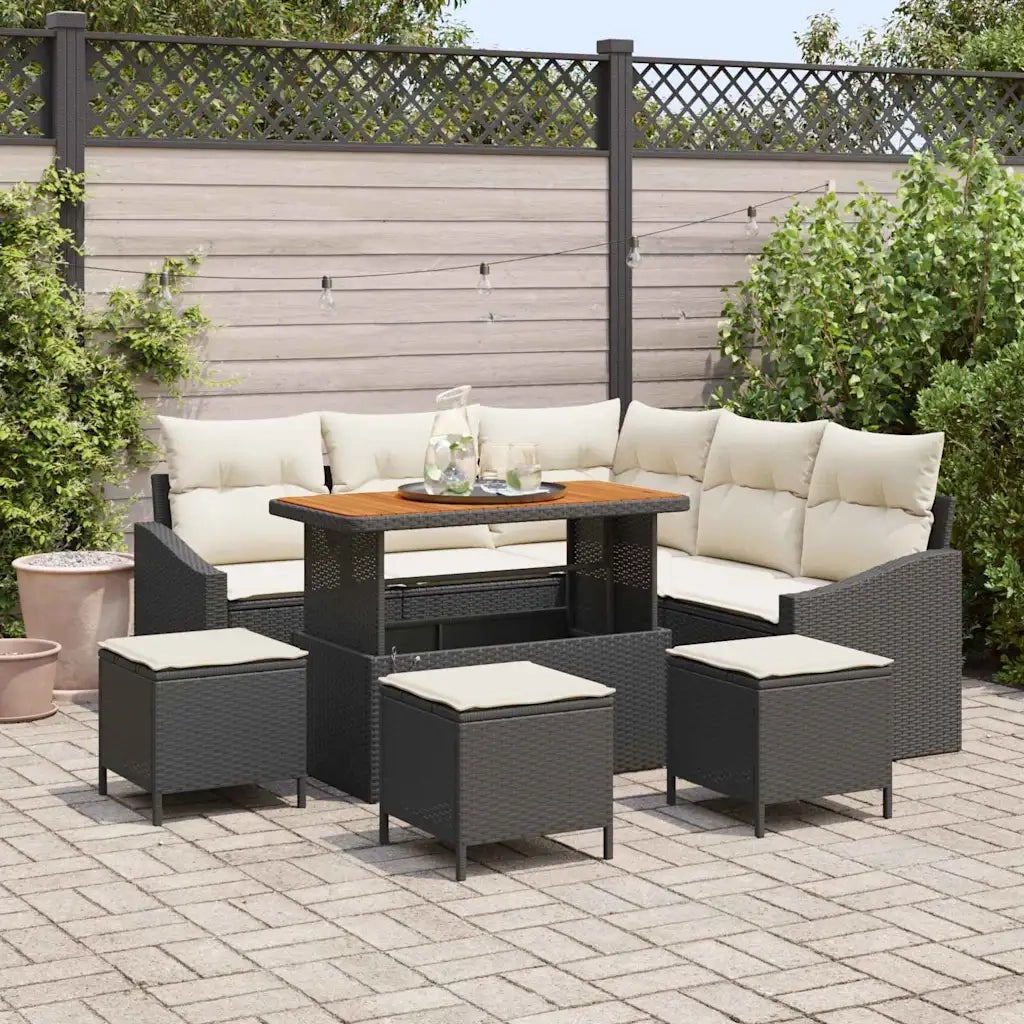 Set Divano da Giardino con cuscino 9 pcs Nero polyrattan