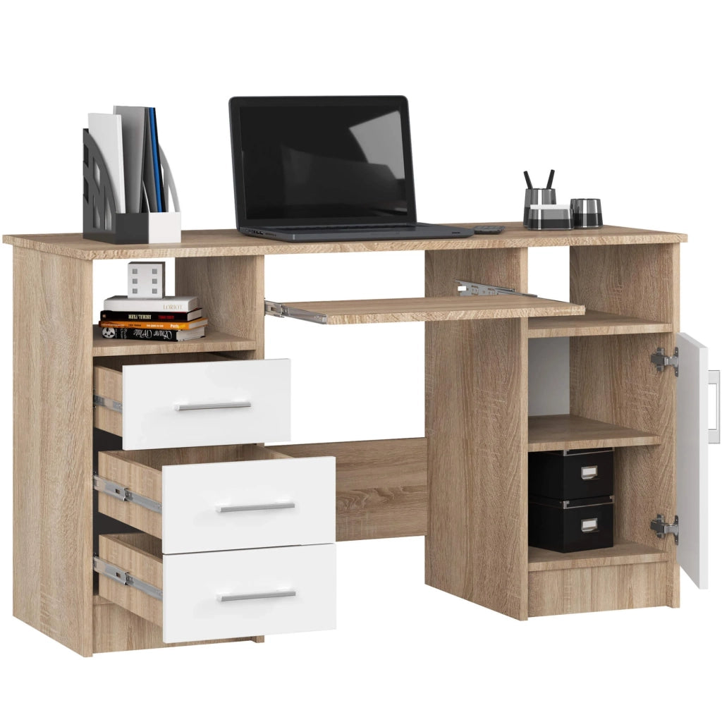 Scrivania AKORD ANA Sonoma Quercia 124 cm 1 anta 3 cassetti inserto frontale Bianco 124x52x74 cm