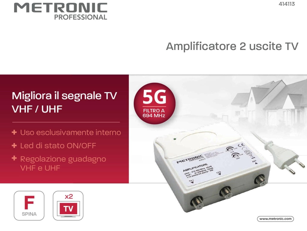 Amplificatore per Antenne Tv da Interno 1 in 2 Out