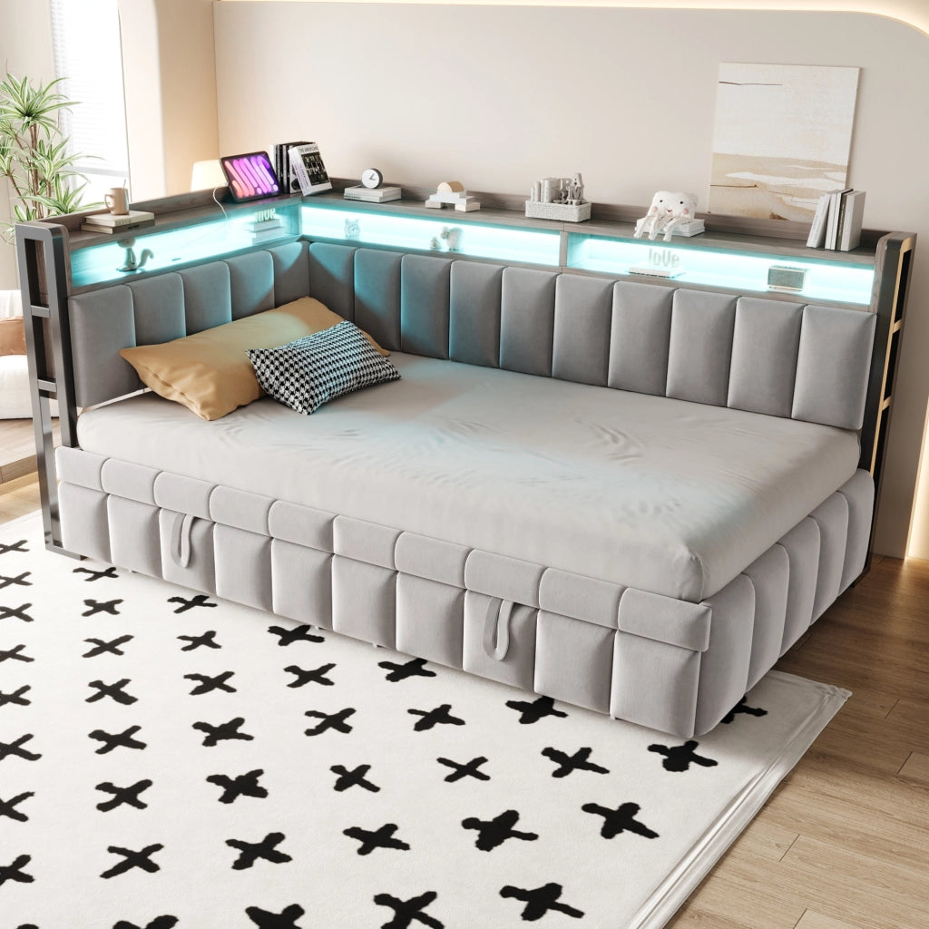Divano letto 90x200 cm con letto estraibile, LED, USB e vani portaoggetti
