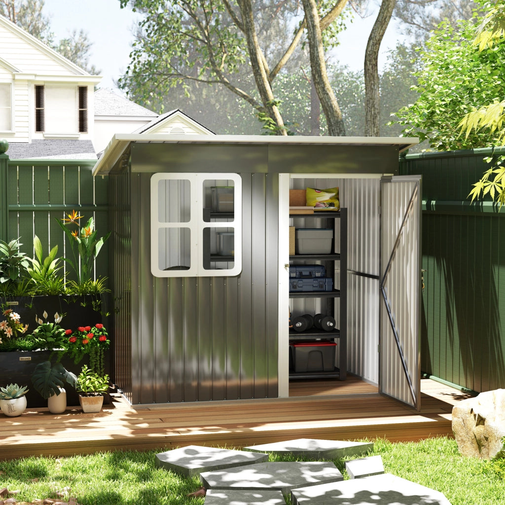 Capanno da giardino 2;55 m2; capanno da giardino con tetto a pendenza singola; 221 x 133 x 190/173 cm; capanno attrezzi con porta chiudibile a chiave; finestra; garage per biciclette; armadietto in acciaio; per giardino; giardino; grigio scuro