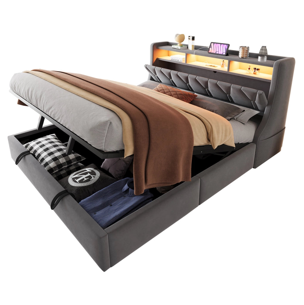 Letto contenitore imbottito 180x200 cm con LED, prese integrate e testiera con vano