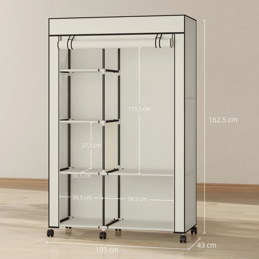 Armadio guardaroba in tessuto ¨C Xylo ¨C con ante, cassetti, ripiani e rotelle, 103x43x162,5cm crema