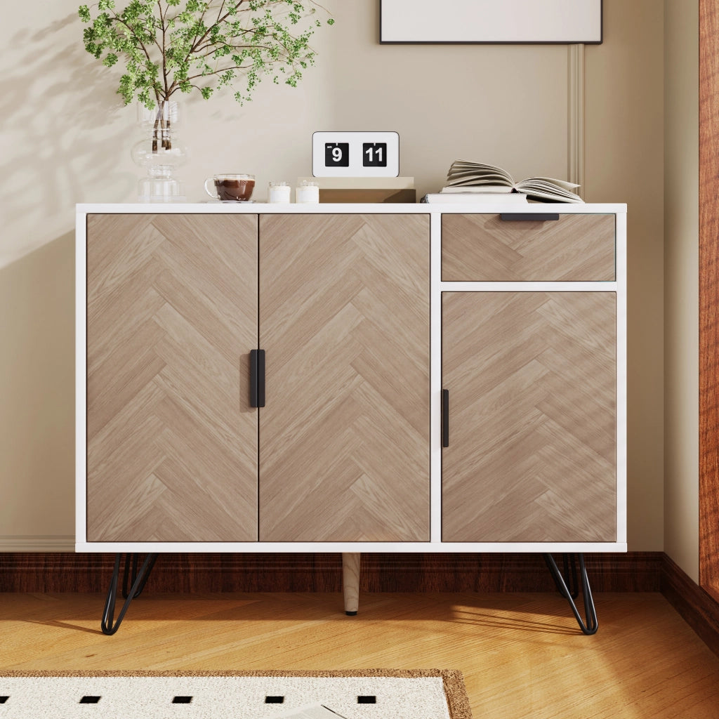 OKWISH Credenza Contenitore con 3 Ante e 1 Cassetto, Ripiani Regolabili, per Soggiorno Ingresso Camera, MDF, Bianco e Legno, 90 x 30 x 71,5 cm