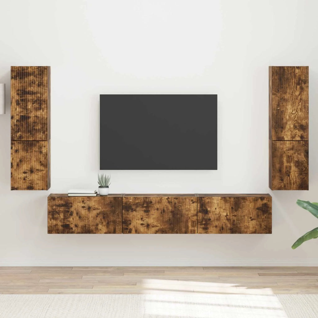 Set mobile TV 4 pz-Credenza per TV Rovere fum¨¦ Legno multistrato 584217