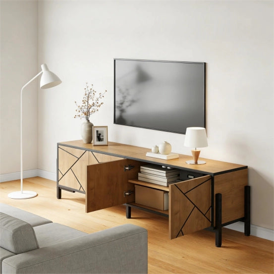 Mobile TV con 4 Ante ¨C MINIMAL ¨C Legno Naturale e Nero, 153x40x50 cm