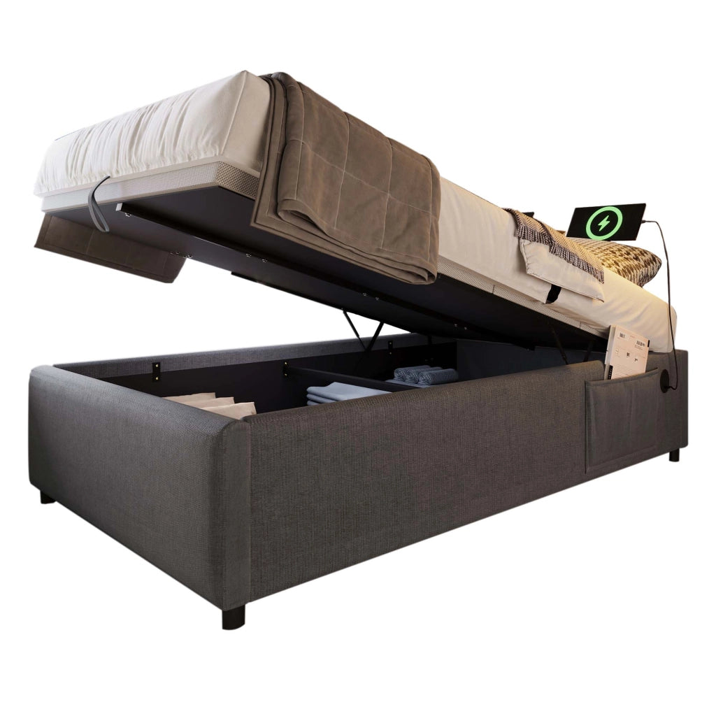 Letto imbottito senza testiera con contenitore idraulico; porta USB/Tipo-C e doghe in legno massello; cotone grigio; 90x200 cm; senza materasso