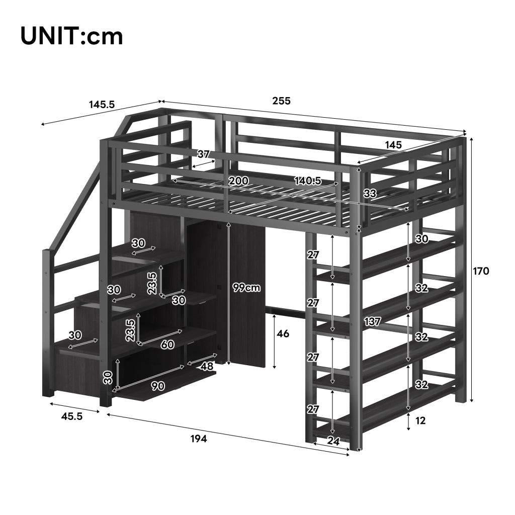 Letto a soppalco 140 × 200 cm 2 posti con armadio, mensole e illuminazione LED regolabile, senza materasso, nero