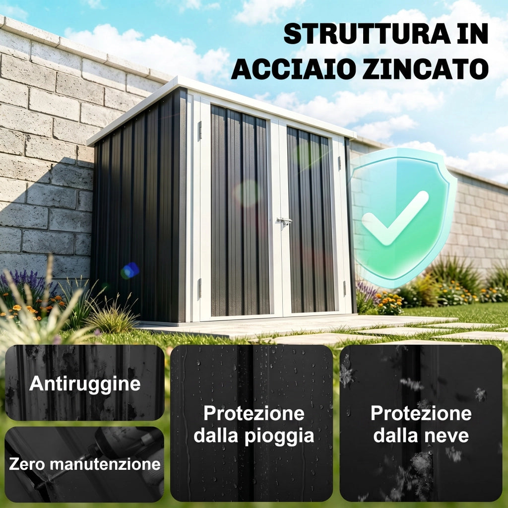 Casetta da Giardino in Lamiera di Acciaio con Doppia Porta, 147x86x134 cm, Nero e Bianco