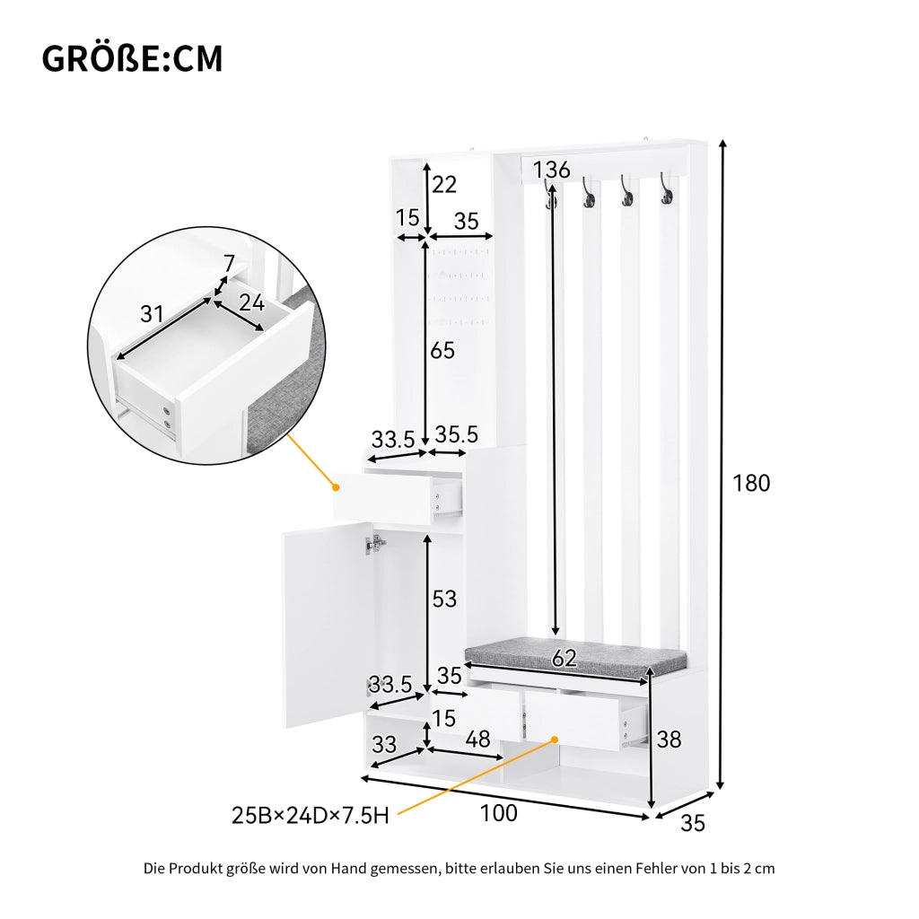 Scarpiera Panca Ingresso con Appendiabiti e Ganci ¨C MINIMAL ¨C Bianco, 4 Ganci, H180xL100xP35 cm