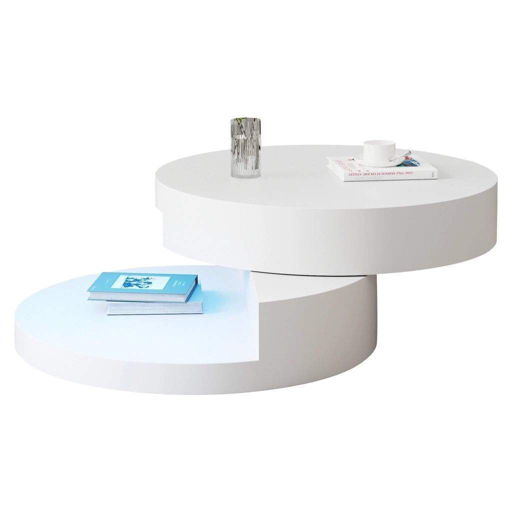 Tavolino da caffè rotondo 70x70x35,5 cm girevole a 360° con LED, struttura a doppio livello, MDF, bianco