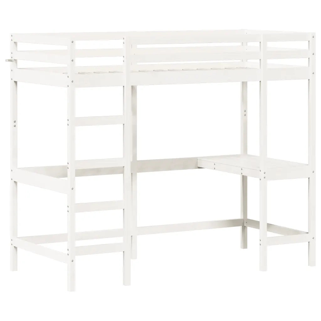 Letto singolo | Letto per adulti | Letto Soppalco con Scrivania Bianco 90x200 cm Massello Pino