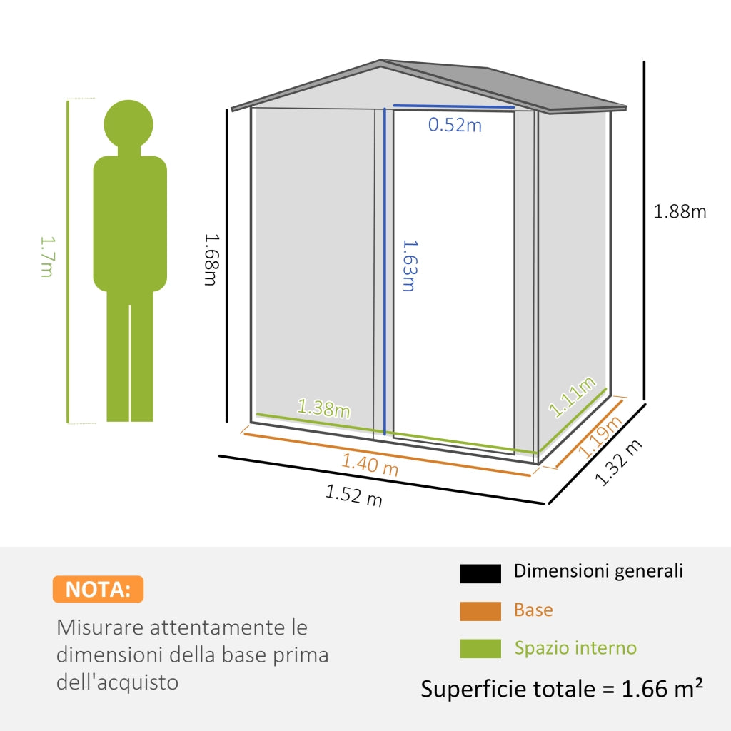 Casetta Box Da Giardino 152x132x188 cm con Tetto Inclinato e 4 Prese d'Aria in Acciaio Verde