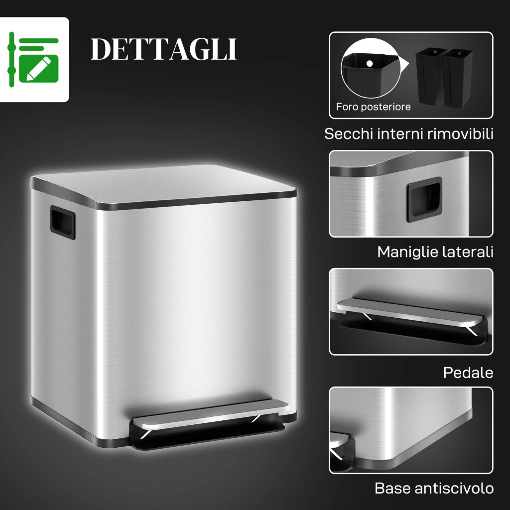 Pattumiera a Pedale 2 Scomparti ¨C Xylo ¨C 15L Acciaio Inox Coperchio Silenzioso 41.8x36.7x44cm