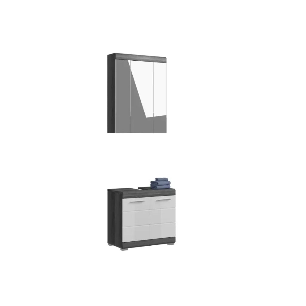 Set bagno SCOTT – Mobile sotto lavabo e mobiletto di storage con specchio – Grigio scuro e bianco
