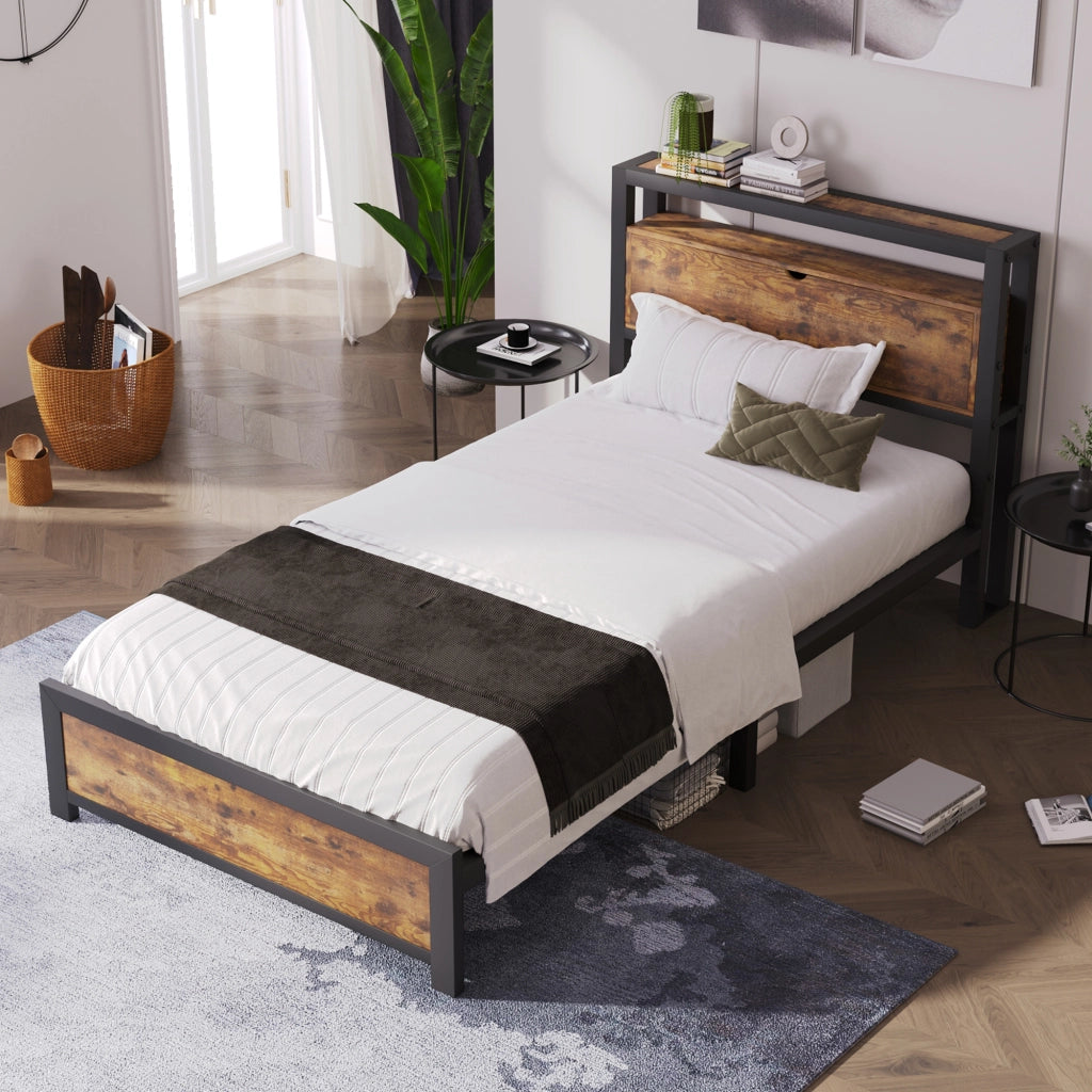 Letto singolo in metallo con testiera contenitore; doghe in metallo; nero; 90x200 cm; senza materasso