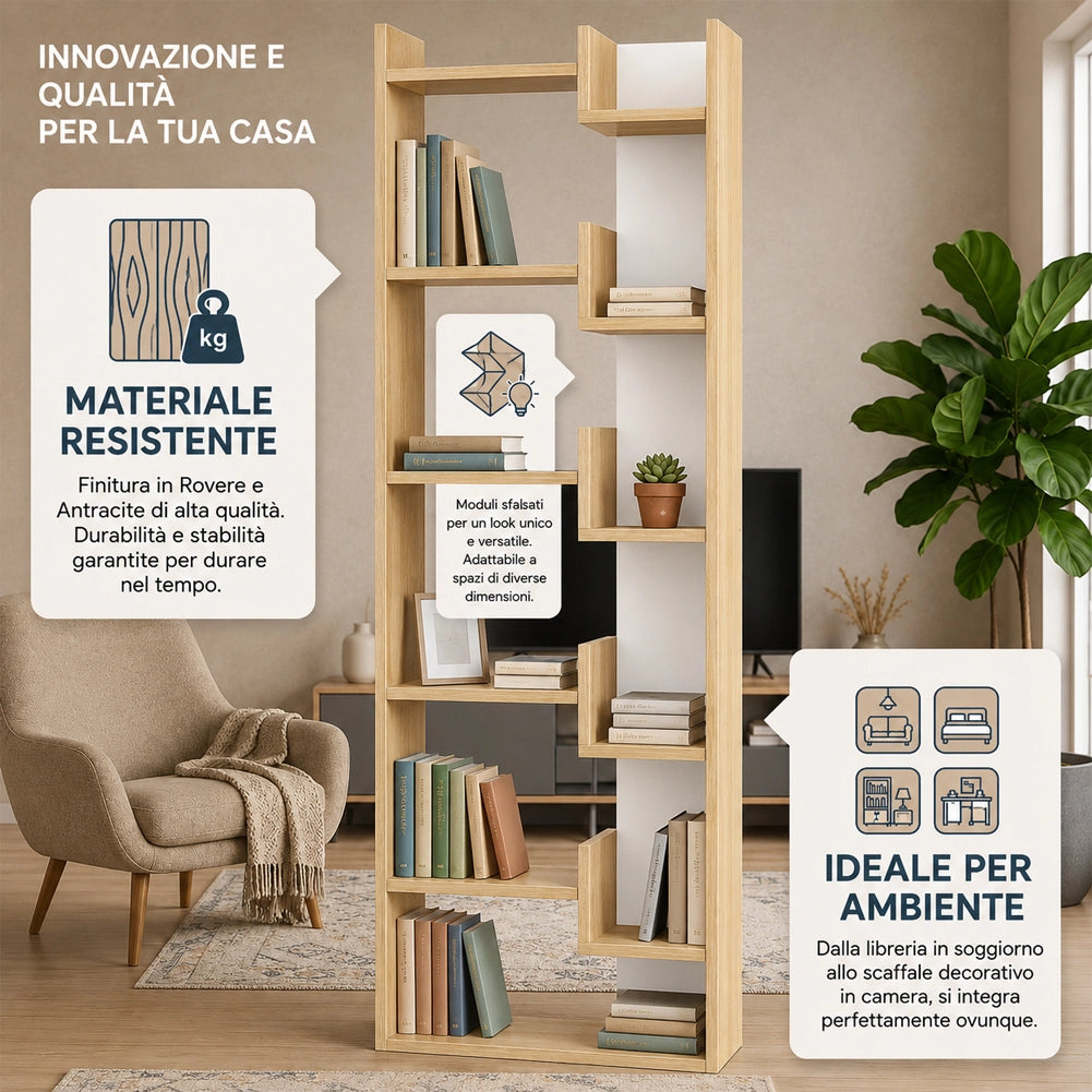 Libreria a 6 Ripiani Quercia e Bianco Scaffalatura Verticale 60.5x22x162.5 cm