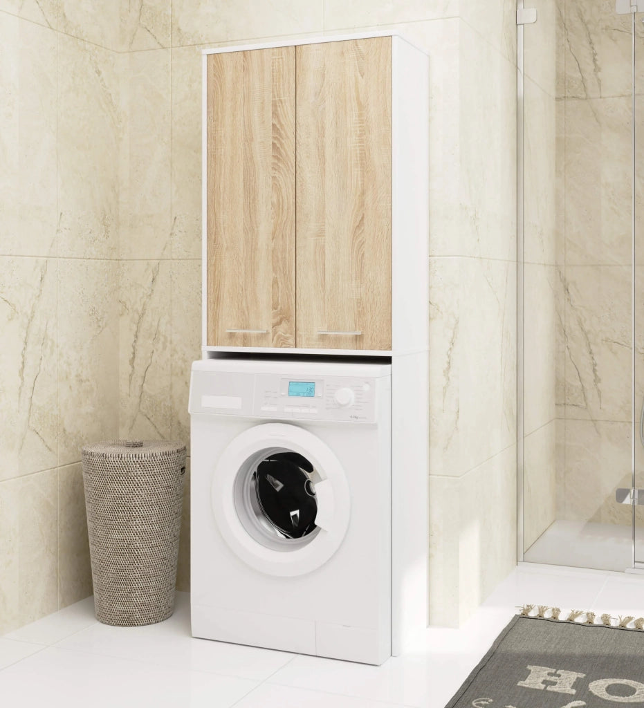 Colonna da bagno AKORD FIN per incasso di una lavatrice Bianca 64 cm 2 ante inserto frontale Sonoma Quercia 64x30x180 cm