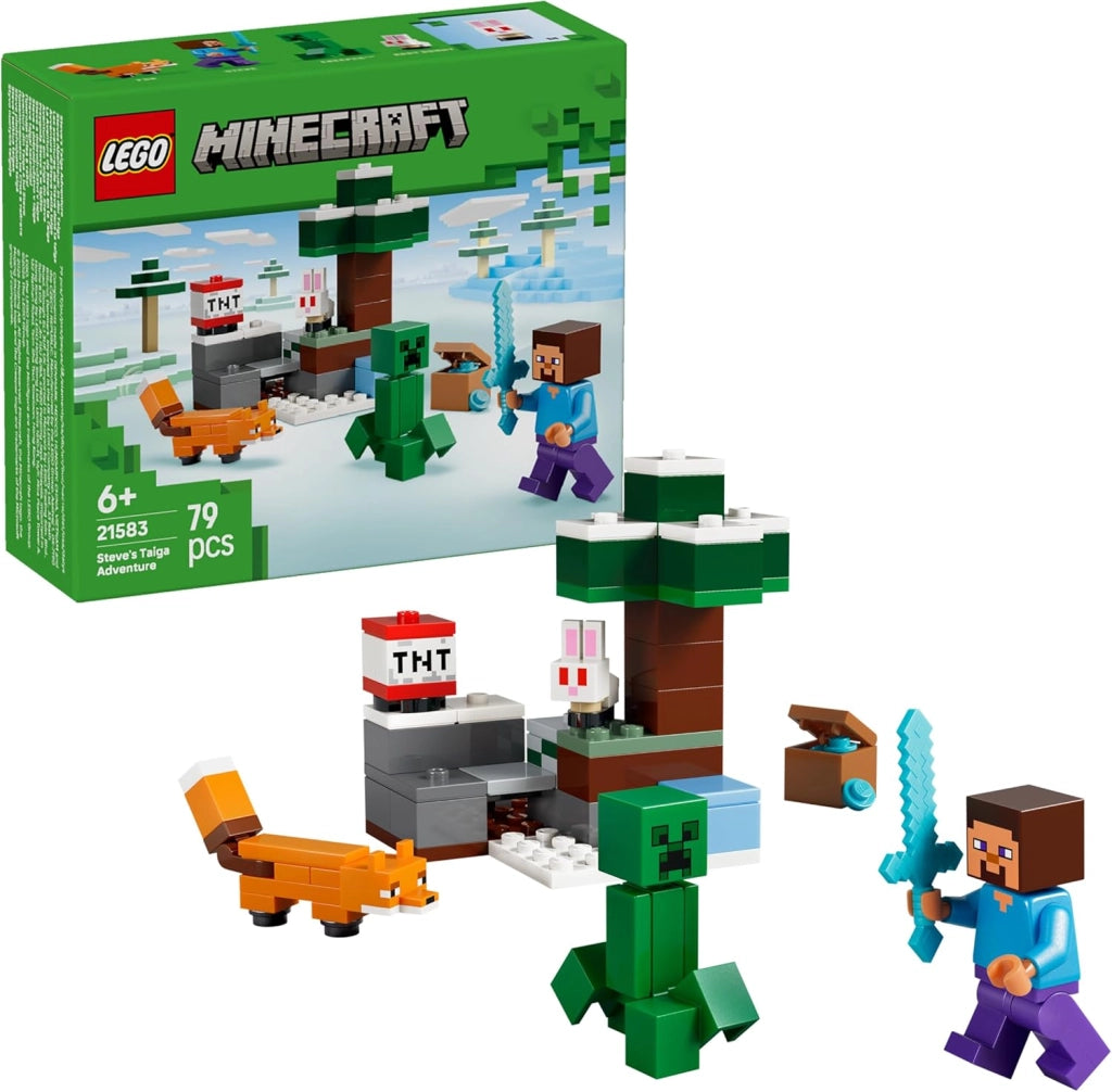 LEGO Minecraft Avventura di Steve nella Taiga - Giocattolo con Minifigure di Steve con Spada di Diamante, Creeper, Volpe
