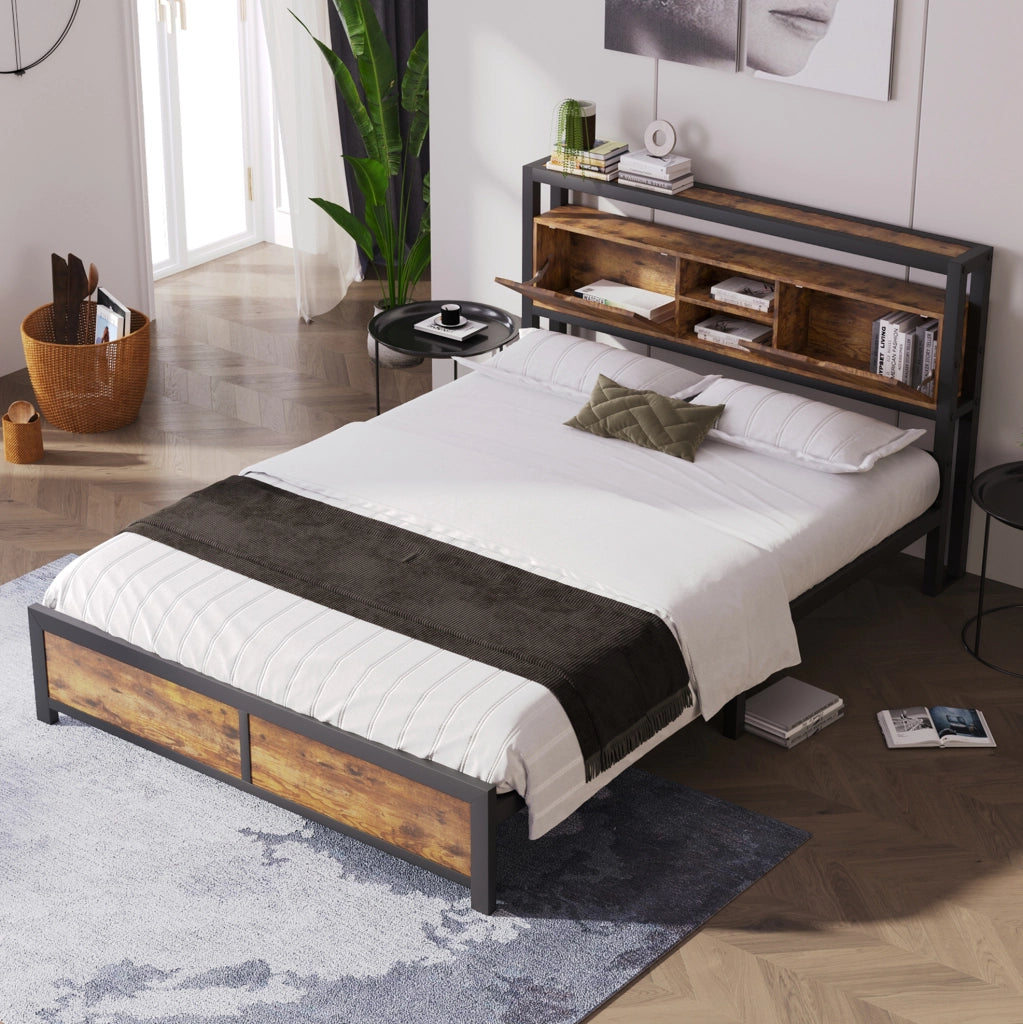 Letto matrimoniale 140x200 cm con testiera contenitore; struttura in metallo e MDF; naturale