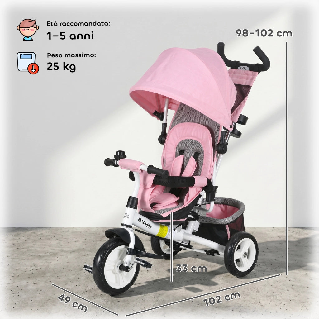 Triciclo per Bambini 1-5 Anni ¨C Xylo ¨C Bianco e Rosa con Maniglione e Tettuccio Regolabile 102x49x102 cm
