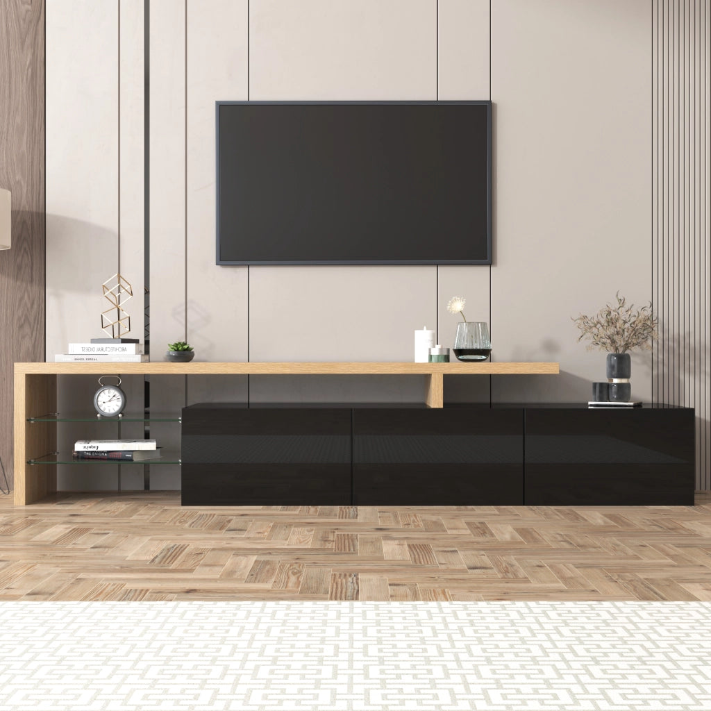 Mobile TV con 3 ante, ripiani in vetro e LED per soggiorno, in MDF e vetro, nero e legno, 197.5 × 39 × 42 cm