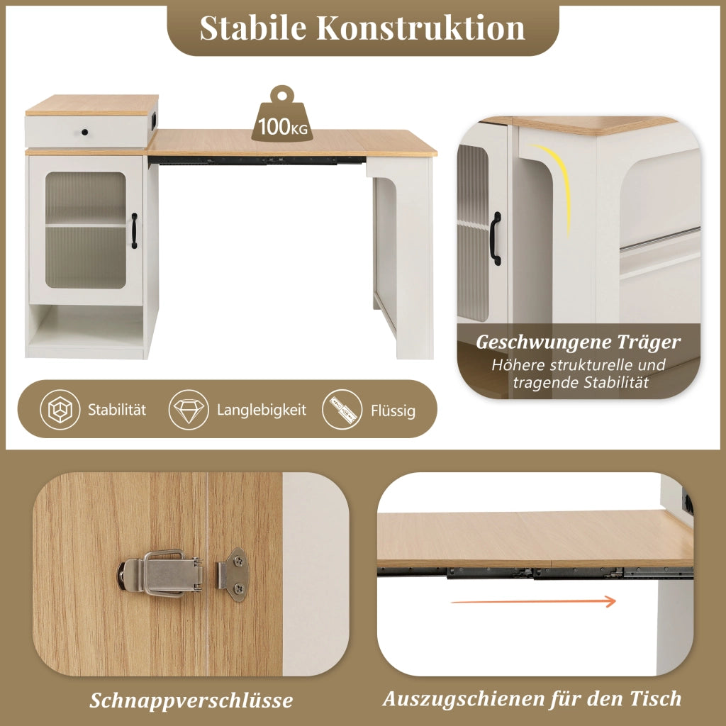 Tavolo allungabile con cassetto, vani contenitore e prese integrate per cucina e sala da pranzo, bianco e naturale