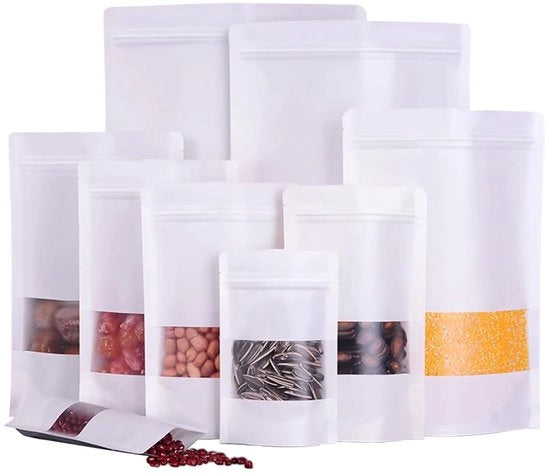 Sacchi di Carta 50 pezzi - Sacchi di Carta Marrone - Borse di Carta Portatile - Borse di Carta Chiusure Ermetiche - Borse di Carta con Finestra - Sacchi di Carta Impermeabili con Membrana Idrorepellente