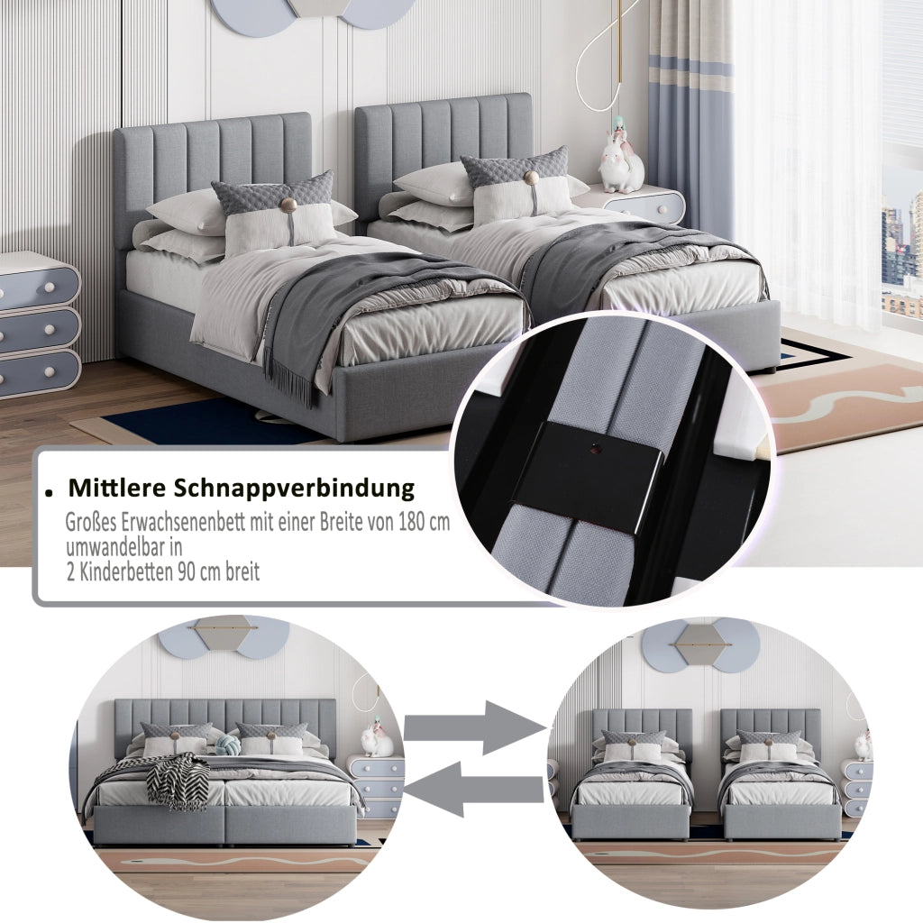 DESMIU Letto Contenitore Letto Matrimoniale con Vano Idraulico, Testiera Regolabile, 180 × 200 cm e 90 × 200 cm, Senza Materasso