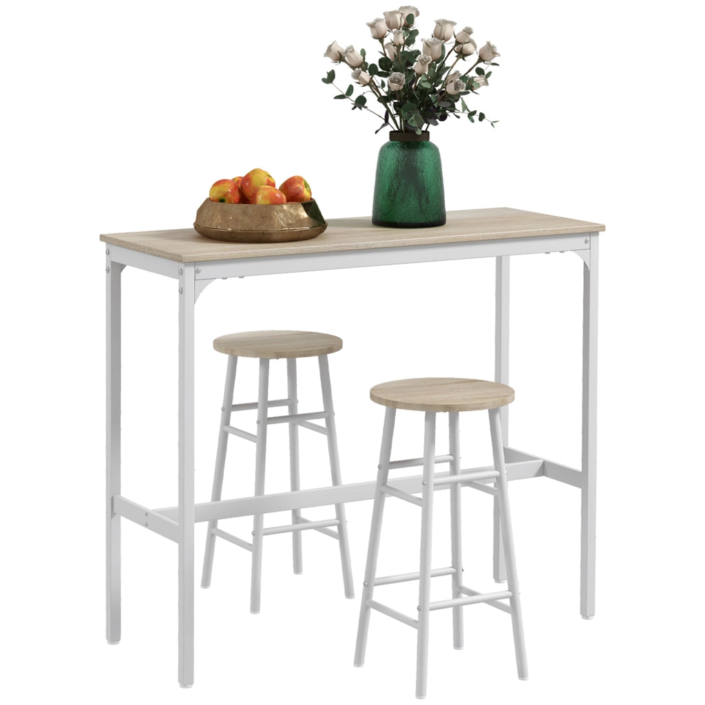 Set tavolo bar alto + 2 sgabelli con piano effetto legno naturale e telaio in metallo bianco per 2 persone