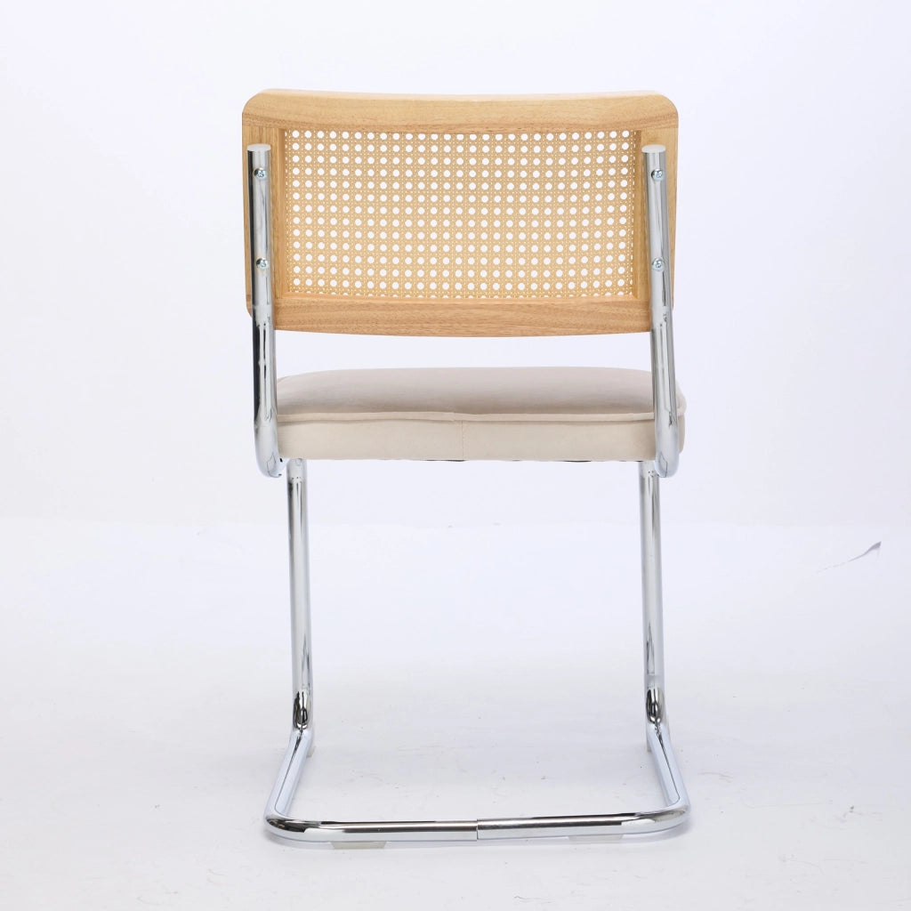 Set di 2 sedie da pranzo in stile Mid-Century Modern, sedie con rivestimento in velluto, schienale in canna naturale e base in acciaio inox cromato, f