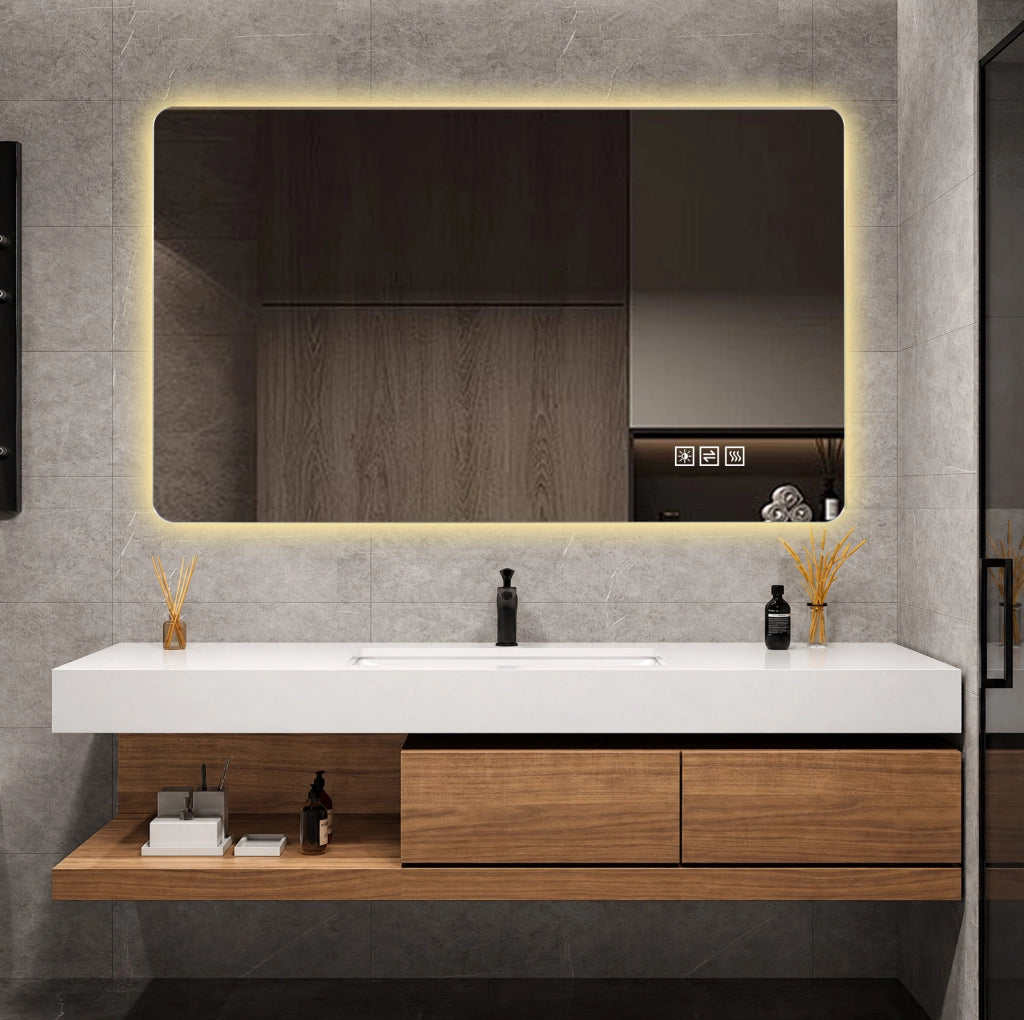 Specchio LED da bagno 111x71x7 cm con antiappannamento; dimmer e memoria; argento