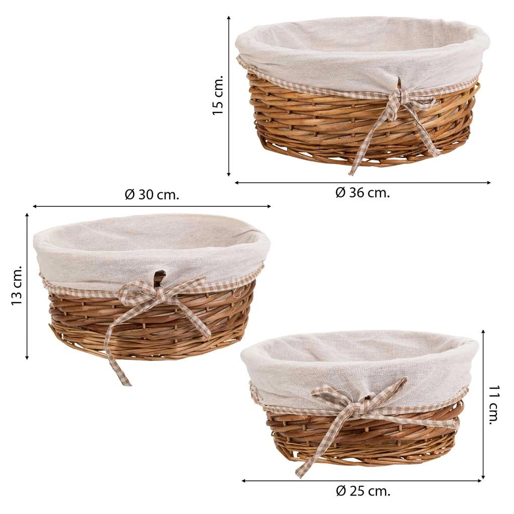 Set di 3 cestini in vimini foderati marroni
