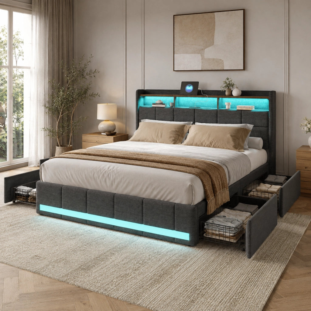 Letto matrimoniale 160x200 cm tessuto grigio, testiera contenitore con ricarica USB e USB-C, LED RGB APP telecomando, 4 cassetti estraibili