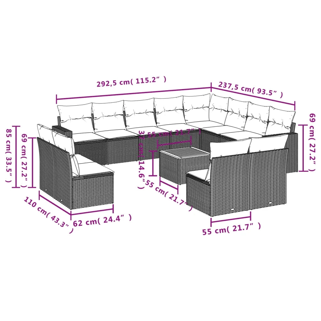 Set Divano da Giardino 13 pz con Cuscini Beige in Polyrattan 3224372