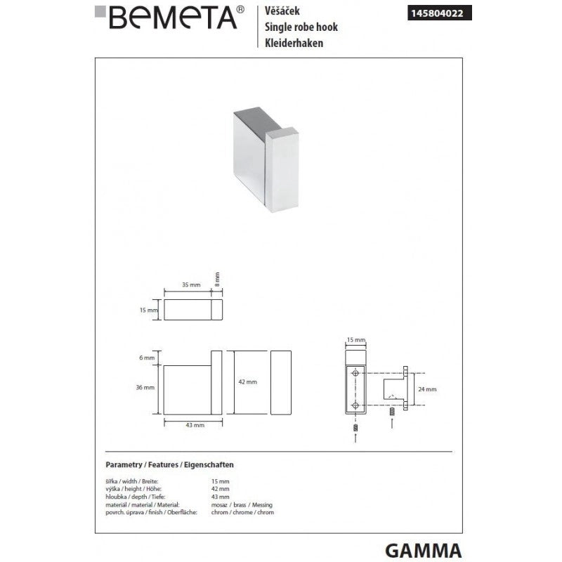 Gancio da parete GAMMA in ottone cromato 4,3 x4,2 x1,5 cm