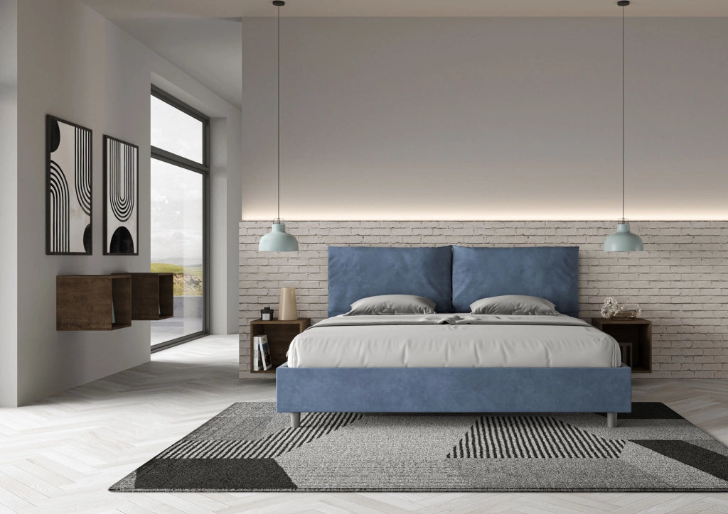 BS COM Letto matrimoniale king size con rete imbottito 200x200 microfibra blu
