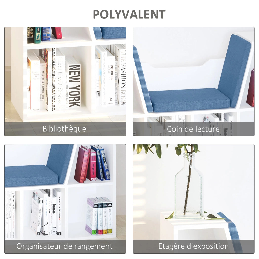 Libreria panca 2 in 1 con cuscini seduta ¨C Xylo ¨C 6 scomparti aperti legno blu 102x30x61cm