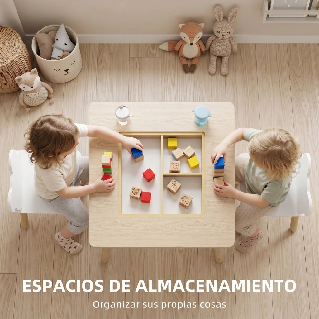Tavolo da pranzo per bambini con 2 sedie e lavagna ¨C zephmum ¨C bianco e naturale 60x60x44 cm