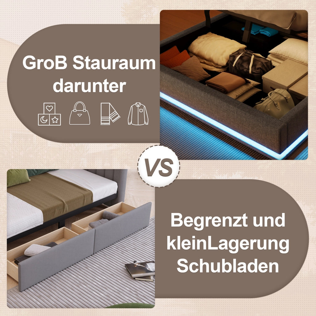 LETTO Imbottito 140x200 cm Grigio in Lino con LED e USB