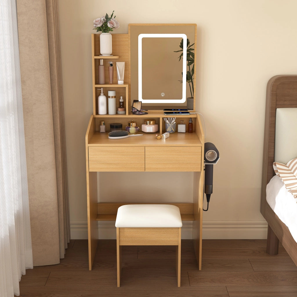 Toeletta compatta con specchio LED regolabile, presa integrata, supporto phon, cassetti e sgabello imbottito, effetto legno naturale