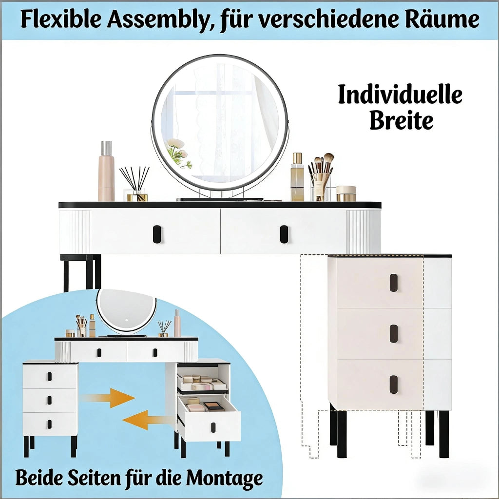 Toeletta con 5 cassetti; specchio LED orientabile e sgabello; per camera da letto e ufficio