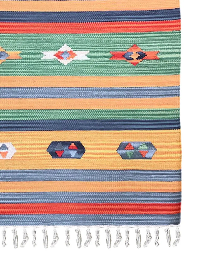 Tappeto KELIM 05 disegni etnici orientali colori vivaci cm.90x150 tessuto e frangia 100% cotone, lavabile in lavatrice