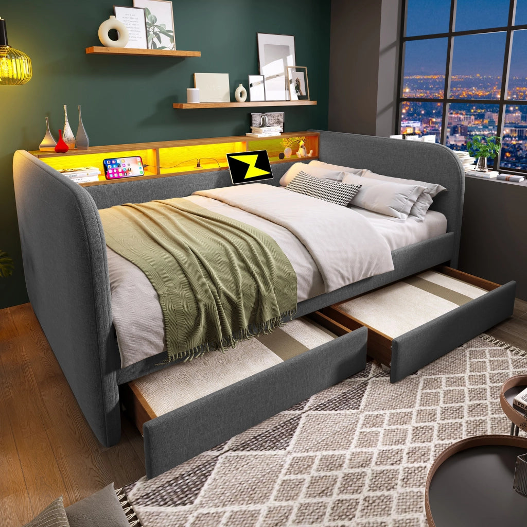 LETTO Imbottito 140x190 cm Grigio in Lino con LED, USB e 2 Cassetti